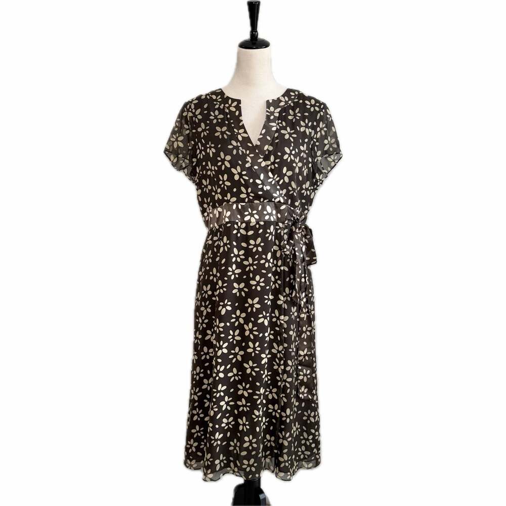 Talbots Petites Pure Silk Black and Cream Floral Print Faux Wrap Midi Dress - Picture 3 of 11